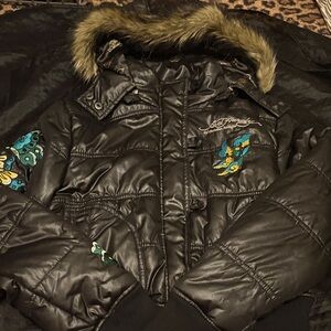 Vintage Ed Hardy Black Puffer Jacket with Colorful Embroidery!